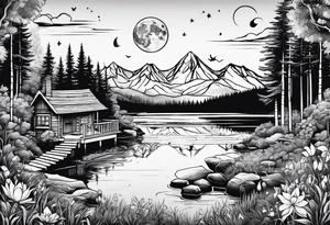 Hidden garden with lake and small cabin in woods with moon and mountains tattoo idea