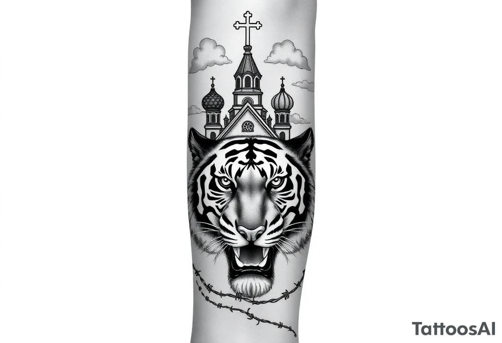 Mean looking tiger on the hand with barb wire at the bottom and then above the tiger do a traditional Russian Orthodox Church with the orthodox traditional cross as the spire in clouds then Virgin Mary above overlooking with hands together on heart tattoo idea