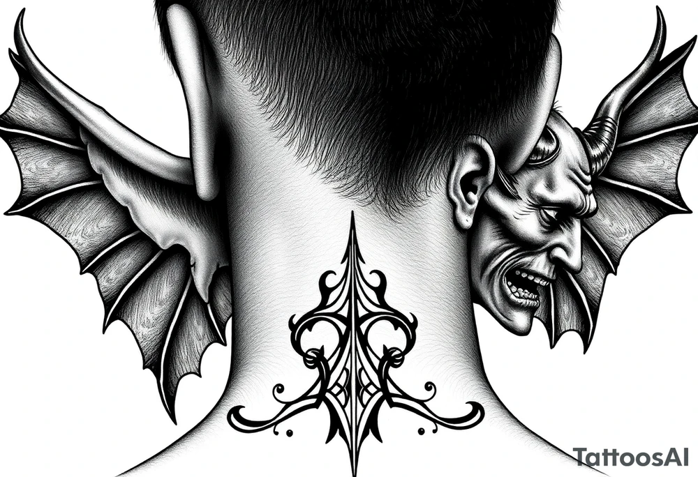 position behind the neck Angel (on the right) whispering in the right ear, demon (on the left) whispering in the left ear. It must be as realistic as possible. tattoo idea