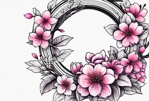 Flower wreath cherry blossoms pinks and purples tattoo idea