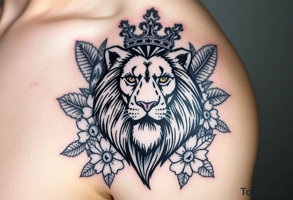 powerful majestic lion with a crown, surrounded by Hawaiian native animals tattoo idea