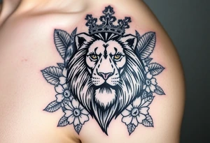 powerful majestic lion with a crown, surrounded by Hawaiian native animals tattoo idea