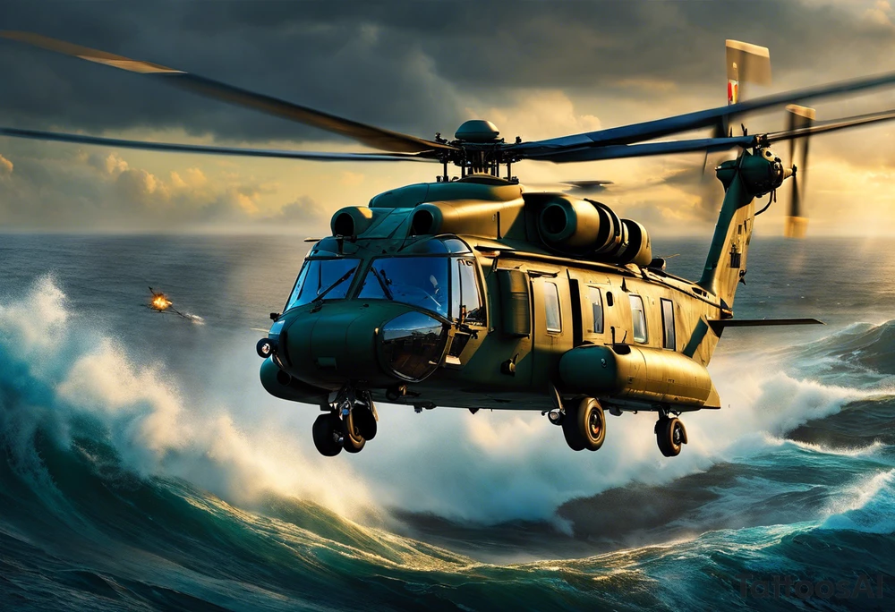 A cinematic-style tattoo depicting a Canadian military CH-148 Cyclone helicopter performing a daring maneuver over a turbulent ocean. The sky should be filled with dramatic clouds, and the sun should be setting, casting long shadows. The helicopter should be the main focus, with intricate details and a sense of motion. In the background, a poppy should be prominently displayed, and a quote from 'Lest We Forget' should be included, black and white tattoo idea