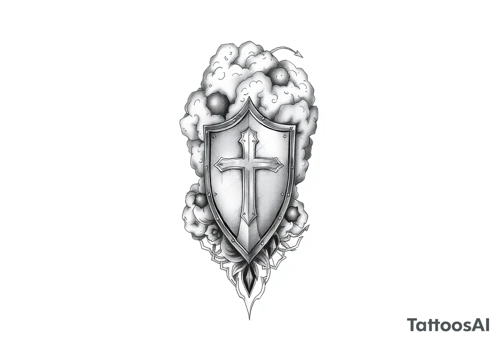 Half sleeve. powerful, cloud, shield, cross, sky tattoo idea