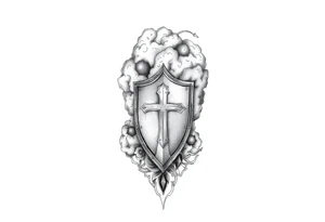 Half sleeve. powerful, cloud, shield, cross, sky tattoo idea
