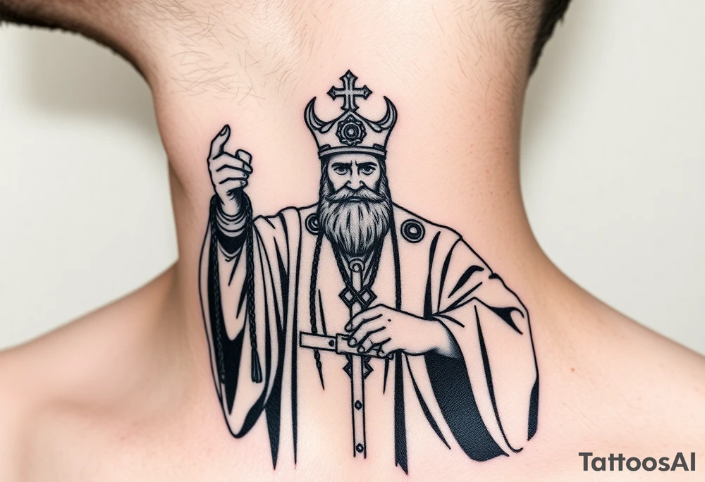 russian orthodox priest in a fully detailed garment swinging censer chains tattoo idea
