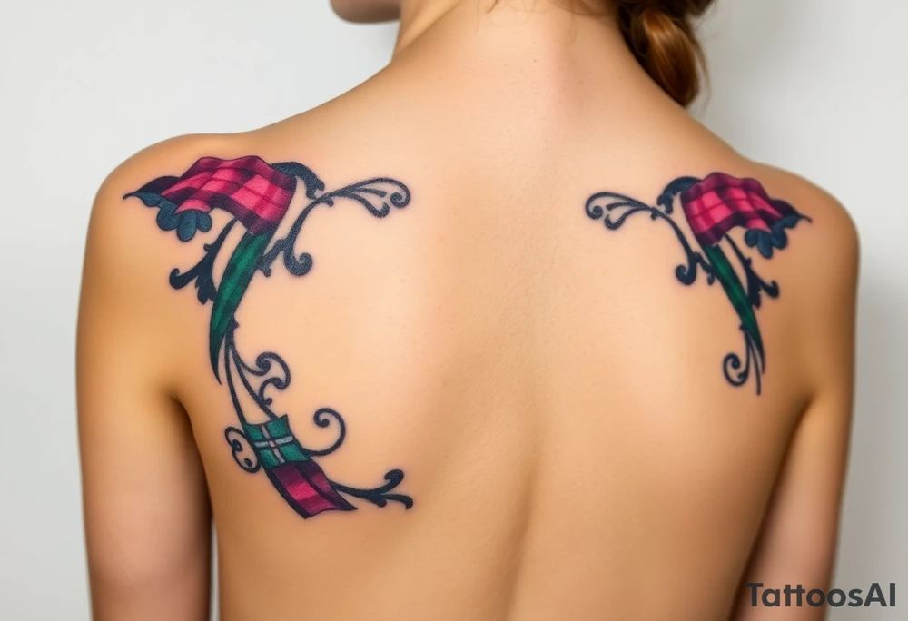 Breasts

Dark Purple with green pink blue and white highlights tartan fabric with skin around edges peeling and wrapping around side of shoulder tattoo idea