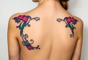 Breasts

Dark Purple with green pink blue and white highlights tartan fabric with skin around edges peeling and wrapping around side of shoulder tattoo idea