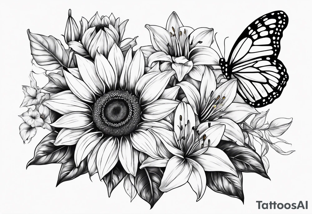 Sunflower and lily with butterflies tattoo idea