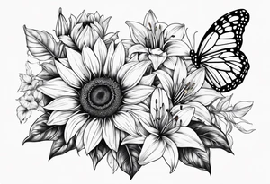 Sunflower and lily with butterflies tattoo idea