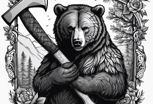 Vertically split half teddy bear and half grizzly bear holding a wooden axe tattoo idea