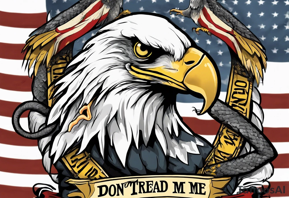 American traditional Bald Eagle carrying a snake in its talons, with a banner reading “don't tread on me” tattoo idea