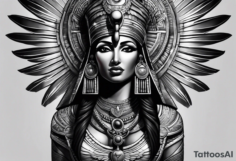 black and gray photo realistic goddess isis with minimal detail tattoo idea