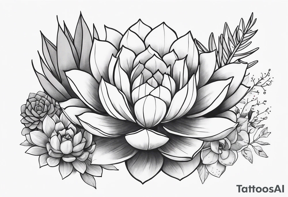 fine line. one big succulent in the middle. Two smaller succulents on the side. Dots and floral
. Sternum tattoo grey scale shading tattoo idea