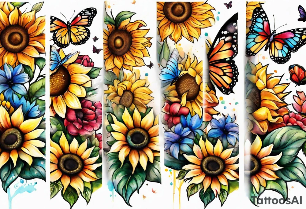 Memorial arm sleeve for mom with rainbow sunflowers and butterflies tattoo idea