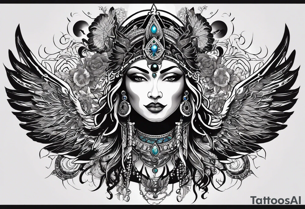 black kali, goddess pirate, alien, angel, pachamama, valkrye, warrior, flying, skull, lotus azul, wing, eagle, zenza resonance, stars, 5D, anahata chakra, death, durga, riding on a tiger, flying lady tattoo idea