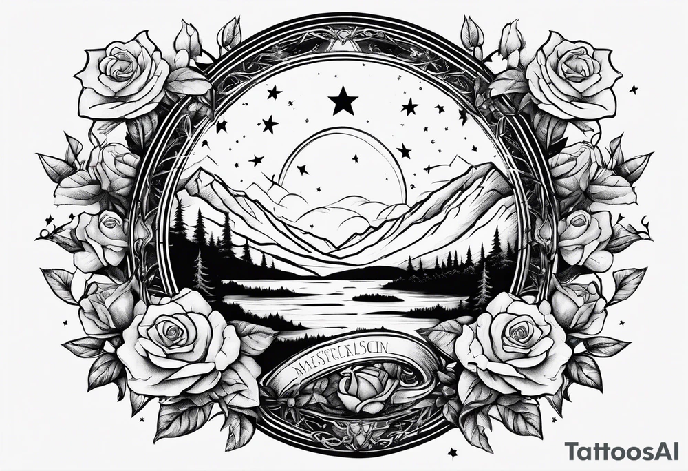 Tesseract with a field of small roses and stars around it tattoo idea