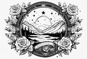 Tesseract with a field of small roses and stars around it tattoo idea
