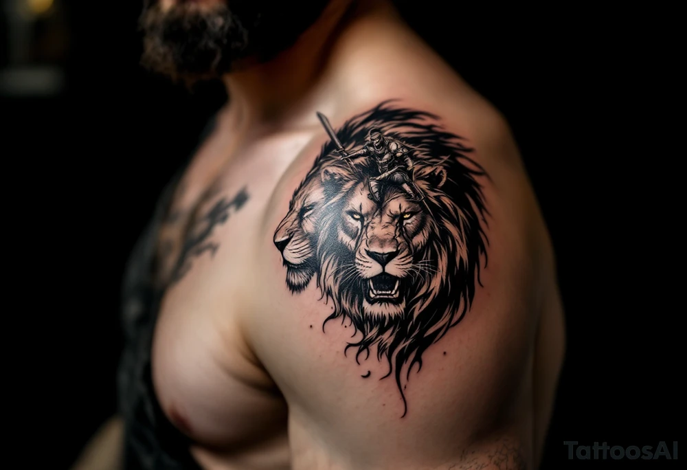 warrior riding on top of lion into battle tattoo idea