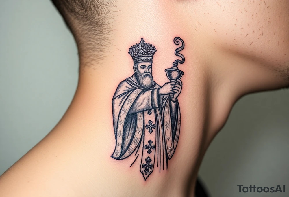 Russian Orthodox Priest in a fully detailed gold vestment swinging a censer with smoke curling upward tattoo idea
