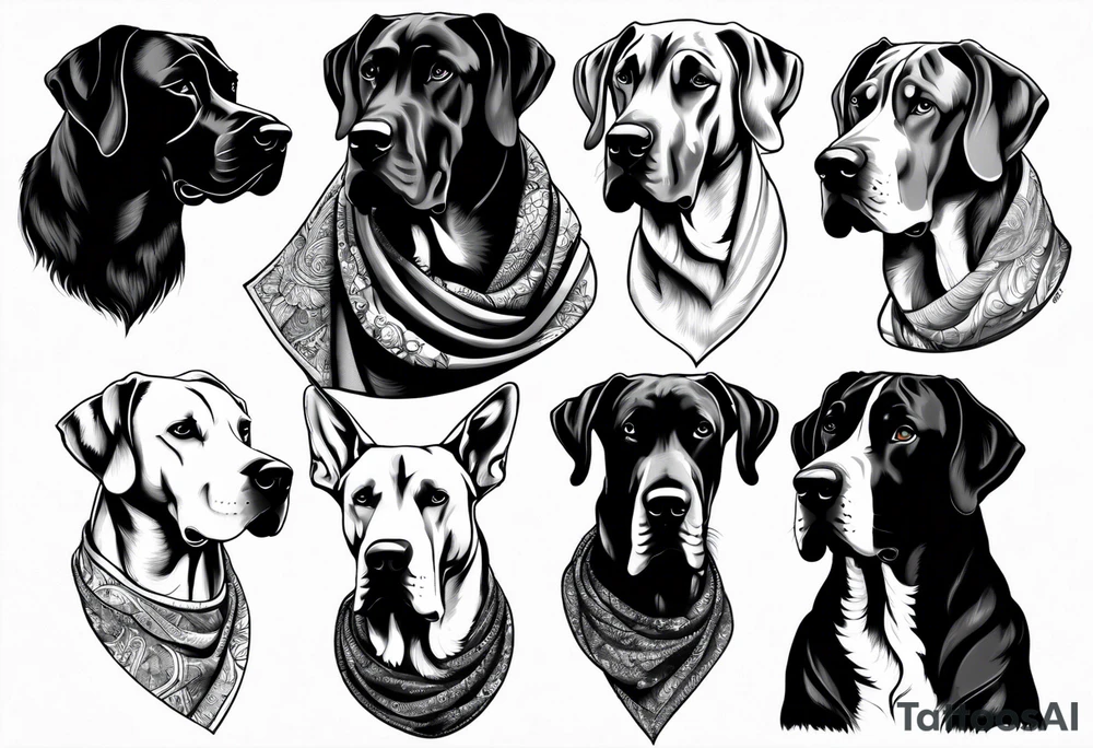 (full arm sleeve on guy) with (4) Four Great Dane floppy ear dogs with an outdoor vibe tattoo idea