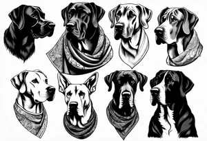 (full arm sleeve on guy) with (4) Four Great Dane floppy ear dogs with an outdoor vibe tattoo idea