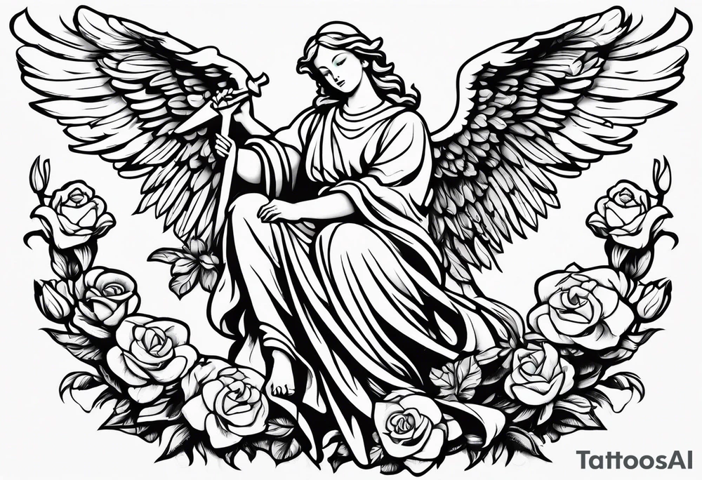Simple Angel statue stood on a rock with daffodils and roses wrapped around its legs tattoo idea