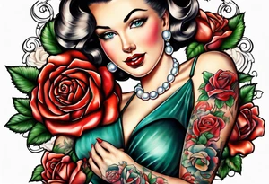 Pearl necklace wrapped around 1950s pinup pumps with roses surrounding tattoo idea