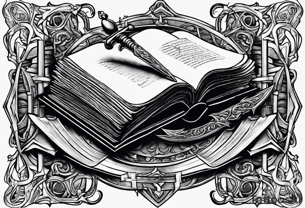 an empty open book with a sword through it, dragonwings and sparks surrounding the book. small design tattoo idea