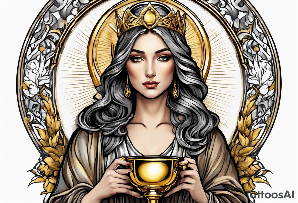 woman saint holding chalice surrounded by golden halo sideways tattoo idea