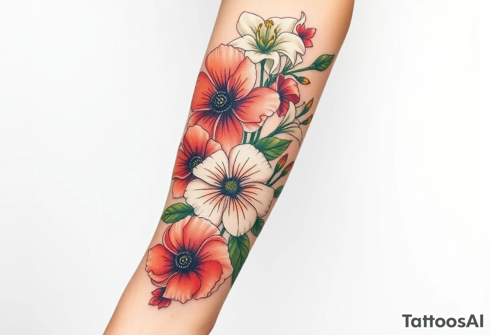 Fore arm tattoo in the neo american traditional style. I want to incorporate a few different flowers: Poppies, Morning Glory, Narcissus with green leaves in the background tattoo idea