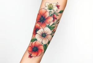 Fore arm tattoo in the neo american traditional style. I want to incorporate a few different flowers: Poppies, Morning Glory, Narcissus with green leaves in the background tattoo idea