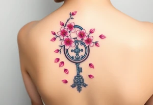 A cherry blossom lock with pink petals gently falling around it, with an intricately designed silver key resting below tattoo idea