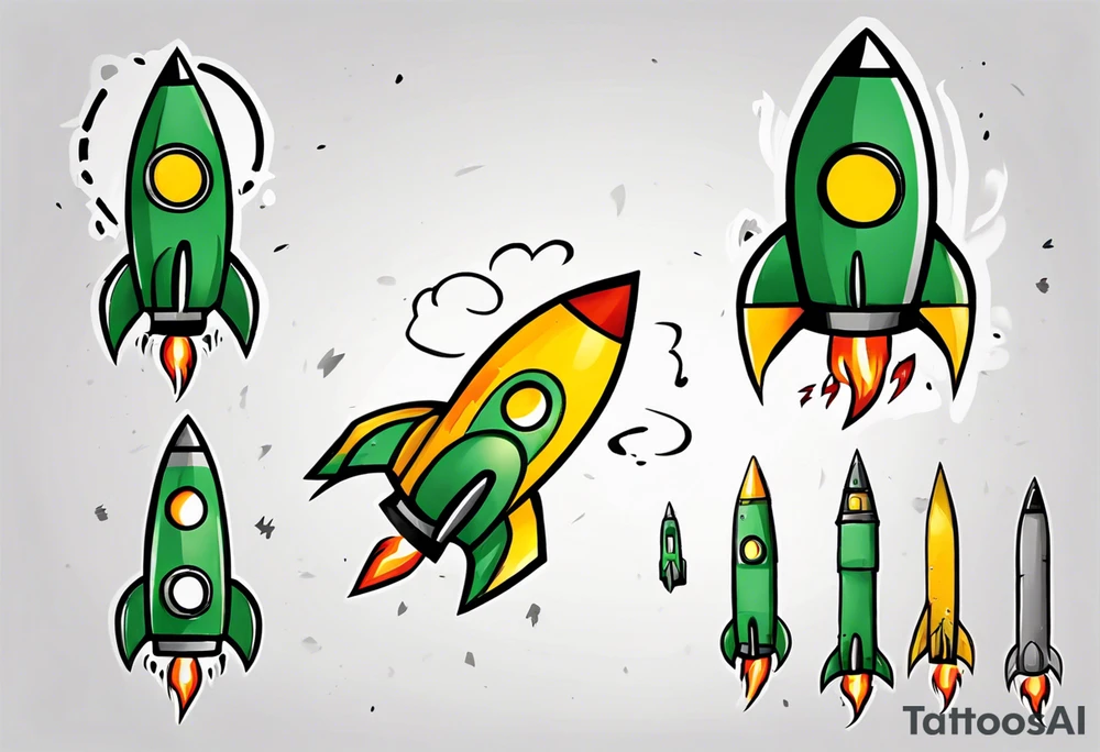 Simple cartoon rocket in green, gray, yellow, blue. Fire coming out the rocket. Black ring around the rocket with "26.2" written at the 10 o-clock position tattoo idea