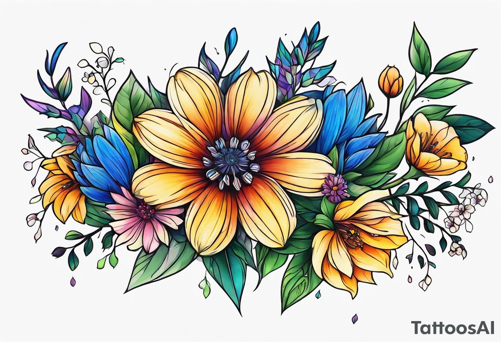 Upper arm half sleeve full color wild flowers tattoo idea