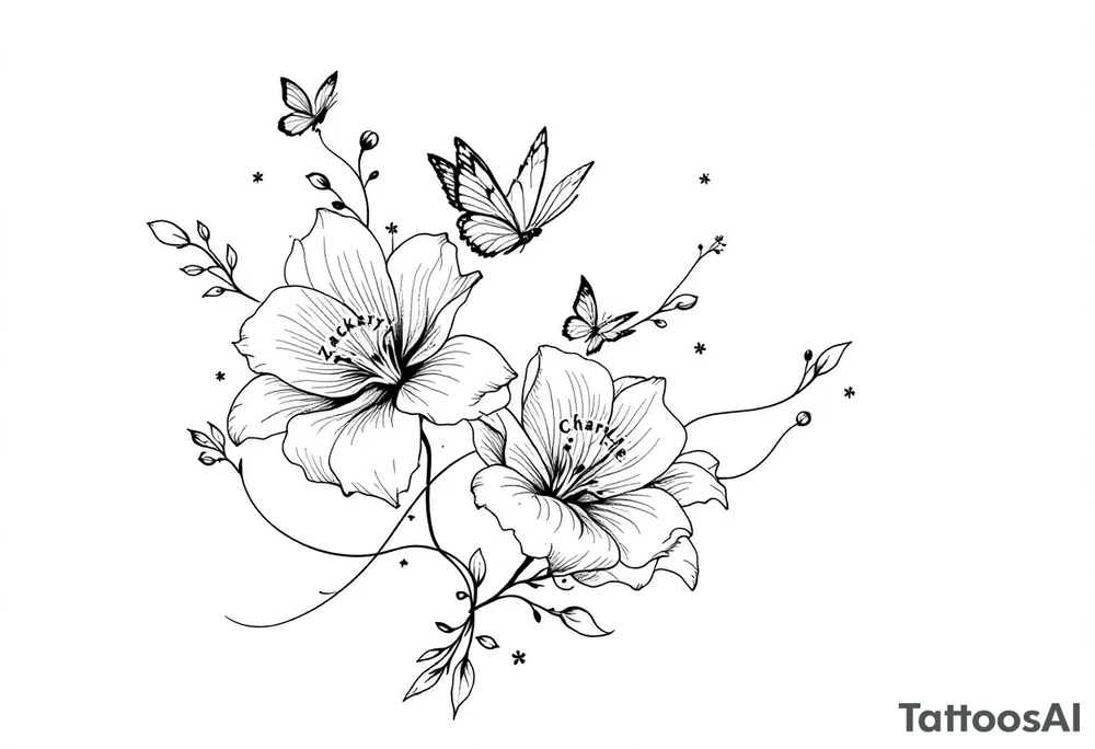 A delicate and highly detailed tattoo design featuring elegant flowers and two butterflies, symbolizing family, love, and the bond between a mother and her children. The flowers, such as lilies or peonies, represent protection, beauty, and unconditional love. Two butterflies gracefully flying around the flowers symbolize the children, Zackary and Charlie, representing their growth and freedom. Their names should be subtly integrated into the design, either along the stems of the flowers, within the butterfly wings, or in an elegant script flowing naturally with the composition. tattoo idea