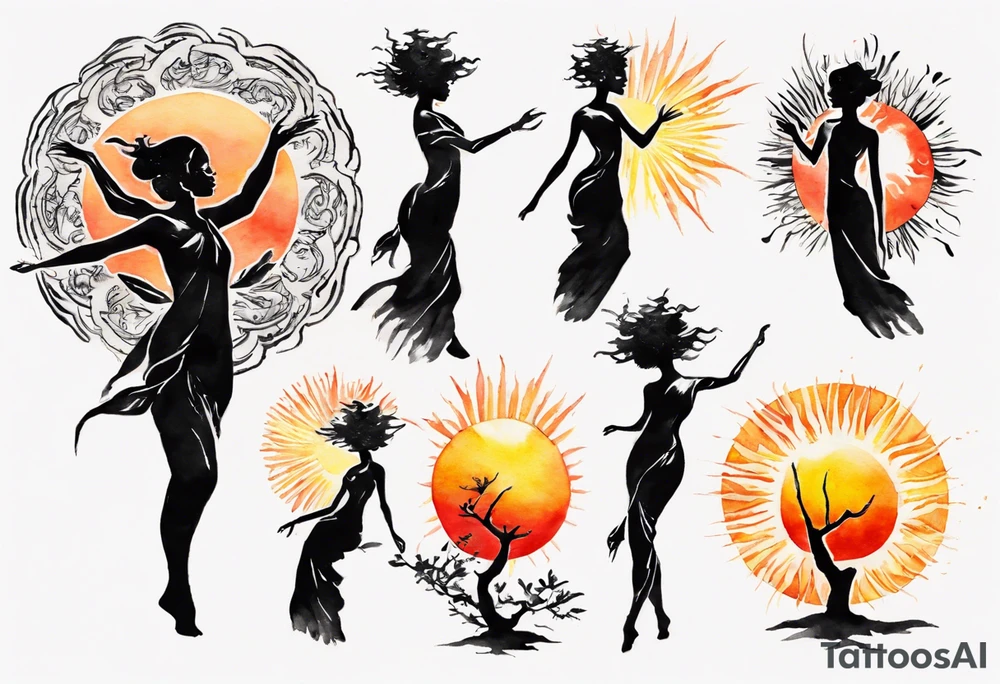 a black tree woman reaching towards a blazing sun in the sky tattoo idea