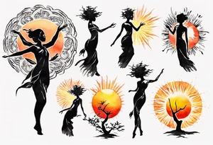 a black tree woman reaching towards a blazing sun in the sky tattoo idea