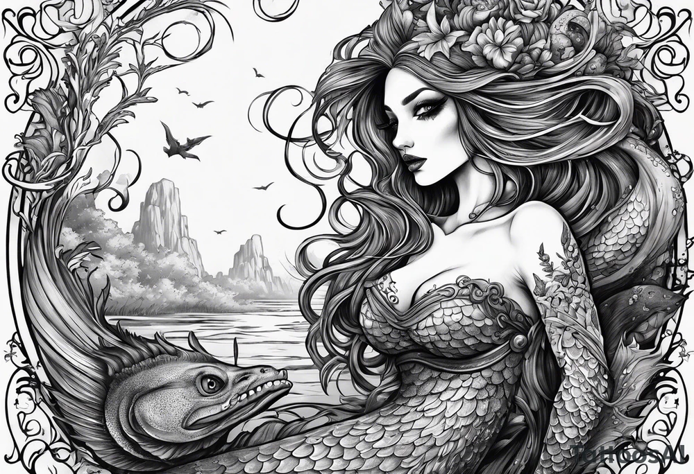 Swamp mermaid, ugly, creepy, undead hairless tattoo idea