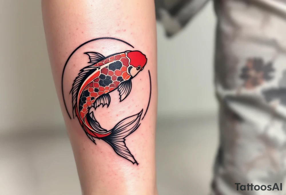 Two red and black koi fish swimming in a circle, the first tattoo larger on the calf, and the second smaller on the ankle. tattoo idea