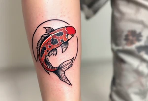 Two red and black koi fish swimming in a circle, the first tattoo larger on the calf, and the second smaller on the ankle. tattoo idea