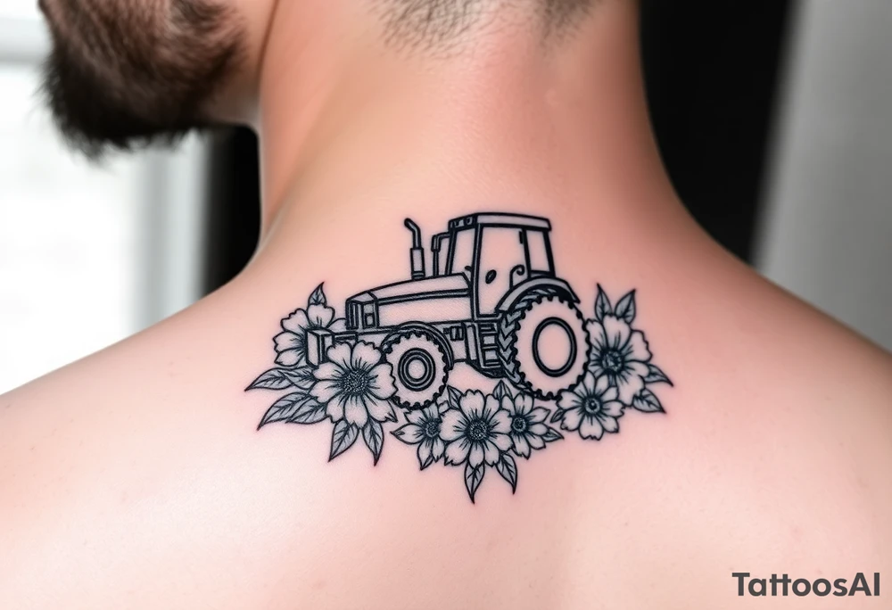 Tiny simple lined tractor tattoo surrounded with flowers tattoo idea