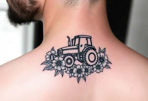 Tiny simple lined tractor tattoo surrounded with flowers tattoo idea