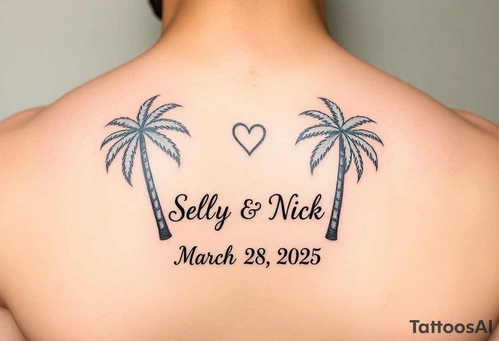 Shelly + Nick with date March 28 2025 with palm trees and hearts tattoo idea