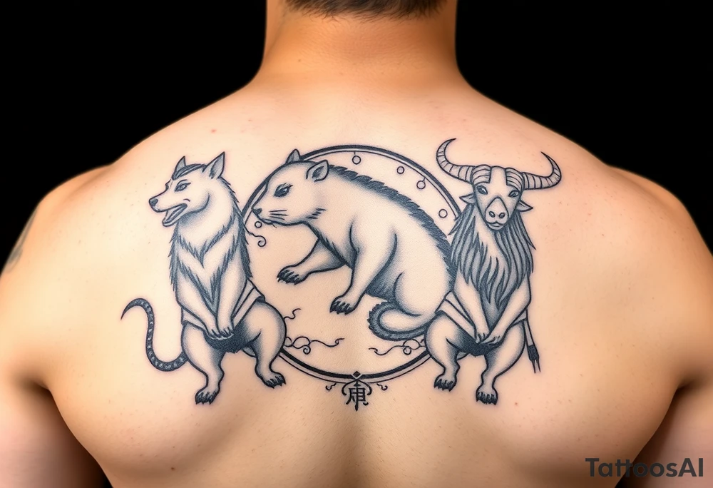 Japanese style tattoo consisting zodiac animals: rat(in the middle) with dog, goat, and ox surrounding the rat. All animals are all dressed up Samurai warrior style in a circular formation on the left of back tattoo idea