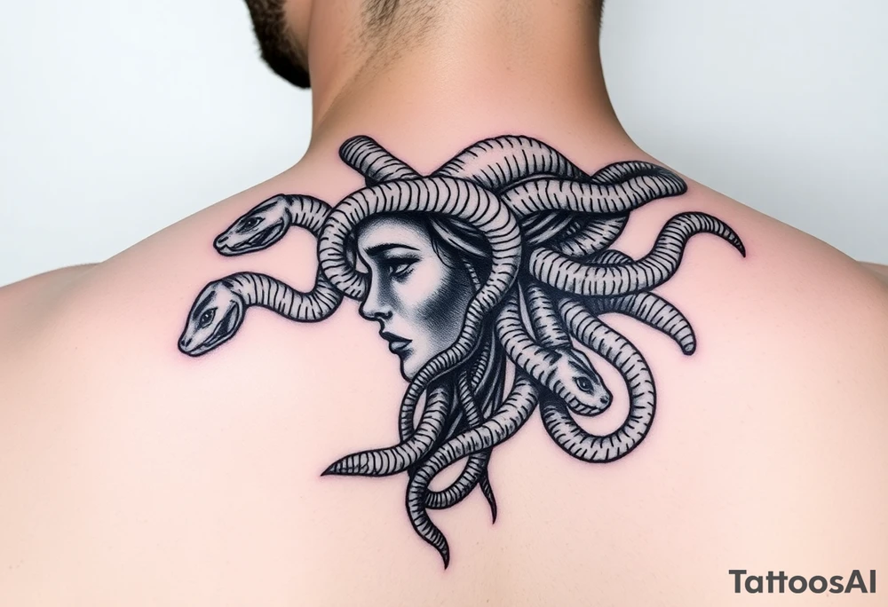 Side portrait of Medusa with snakes heads tattoo idea