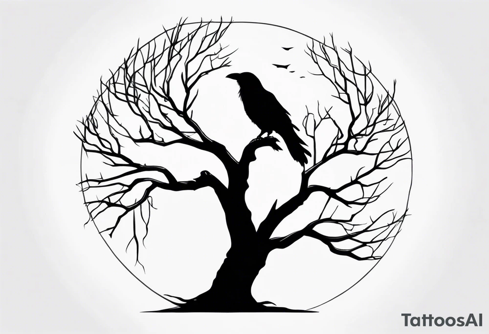 Dead tree with roots and sitting raven silhouette small tattoo idea Dead tree with roots and sitting raven silhouette small tattoo idea