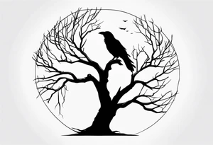 Dead tree with roots and sitting raven silhouette small tattoo idea