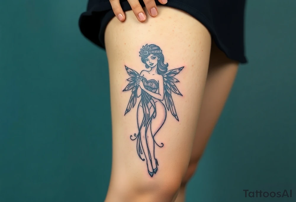 BDSM-themed art deco woman, intricate linework, thigh tattoo. tattoo idea