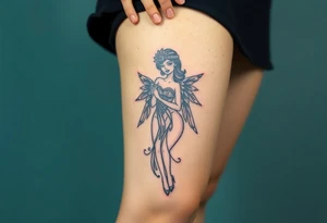 BDSM-themed art deco woman, intricate linework, thigh tattoo. tattoo idea